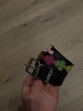 Black Chrome Hearts Leather Belt with Multicolor Cross Accents